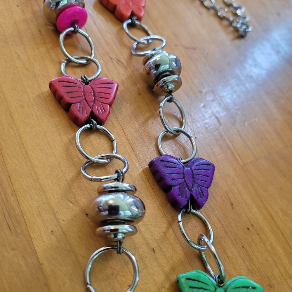 Carolina Cruz Color Butterfly Charm Necklace Silver Tone 28" Boho Statement